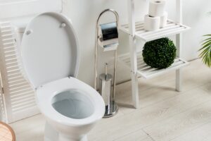 interior of white modern bathroom with toilet bowl near folding screen, toilet brush, toilet paper,